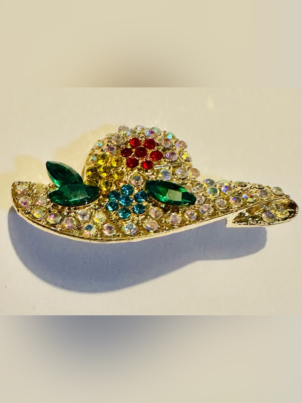 Gold-Tone Multi-Color Iridescent Crystal Flower Hat Brooch - Green & Red Accents